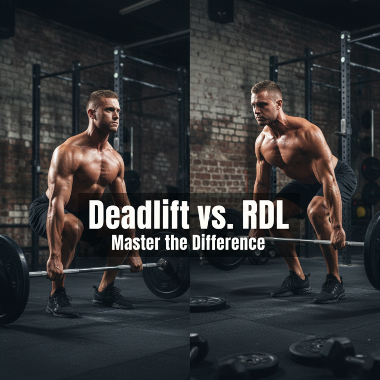 Deadlift vs. RDL: Athlete shows key form & muscle differences in a gritty gym, bold text overlay.