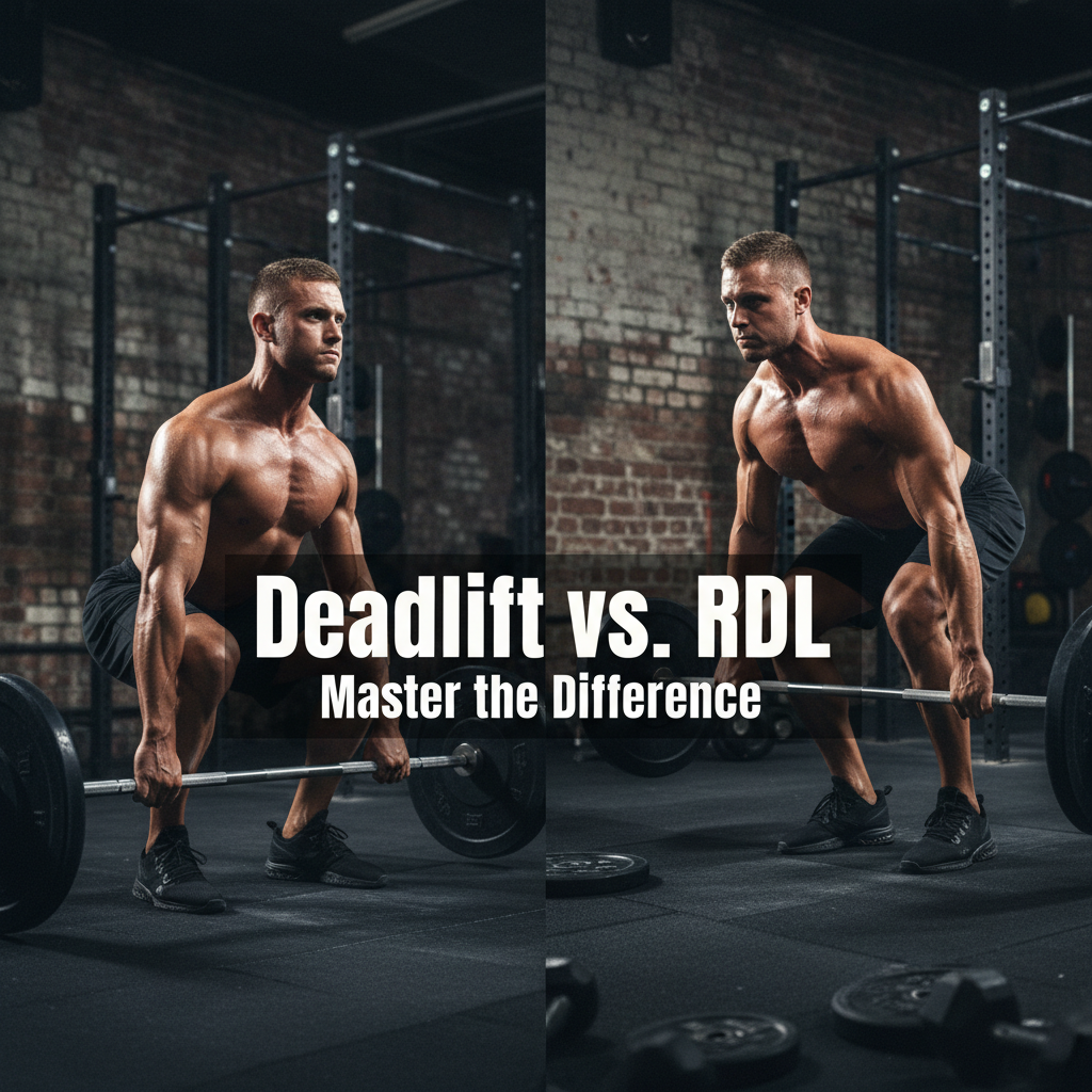Deadlift vs. RDL: Athlete shows key form & muscle differences in a gritty gym, bold text overlay.