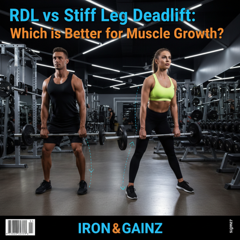 Two athletes compare RDL and Stiff Leg Deadlift form on a vibrant, modern gym magazine cover.