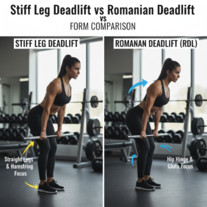 Stiff Leg Deadlift vs Romanian Deadlift: side-by-side gym comparison highlighting form differences.