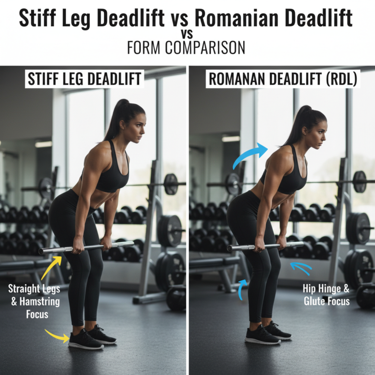 Stiff Leg Deadlift vs Romanian Deadlift: side-by-side gym comparison highlighting form differences.