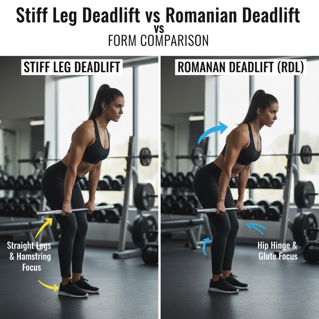 Stiff Leg Deadlift vs Romanian Deadlift: side-by-side gym comparison highlighting form differences.