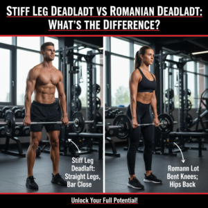 Two athletes show stiff leg vs Romanian deadlift form; labels highlight key exercise differences.