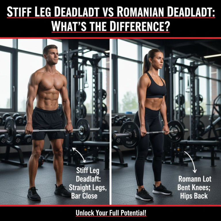 Two athletes show stiff leg vs Romanian deadlift form; labels highlight key exercise differences.