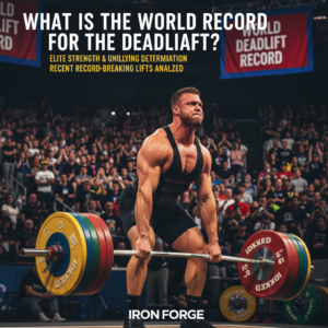 Powerful athlete attempts world record deadlift as crowd cheers, embodying elite strength and determination.