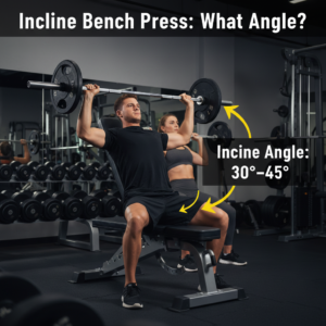 Incline bench press angle guide: athletes on 30°–45° bench with labeled graphics and gym background.