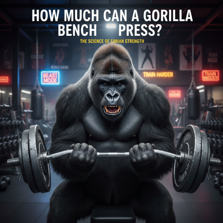 Muscular gorilla bench presses heavy weights in gym; headline asks: How Much Can a Gorilla Bench Press?