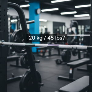 How much does the standard bench press bar weigh? 20 kg / 45 lbs shown on a gym rack.