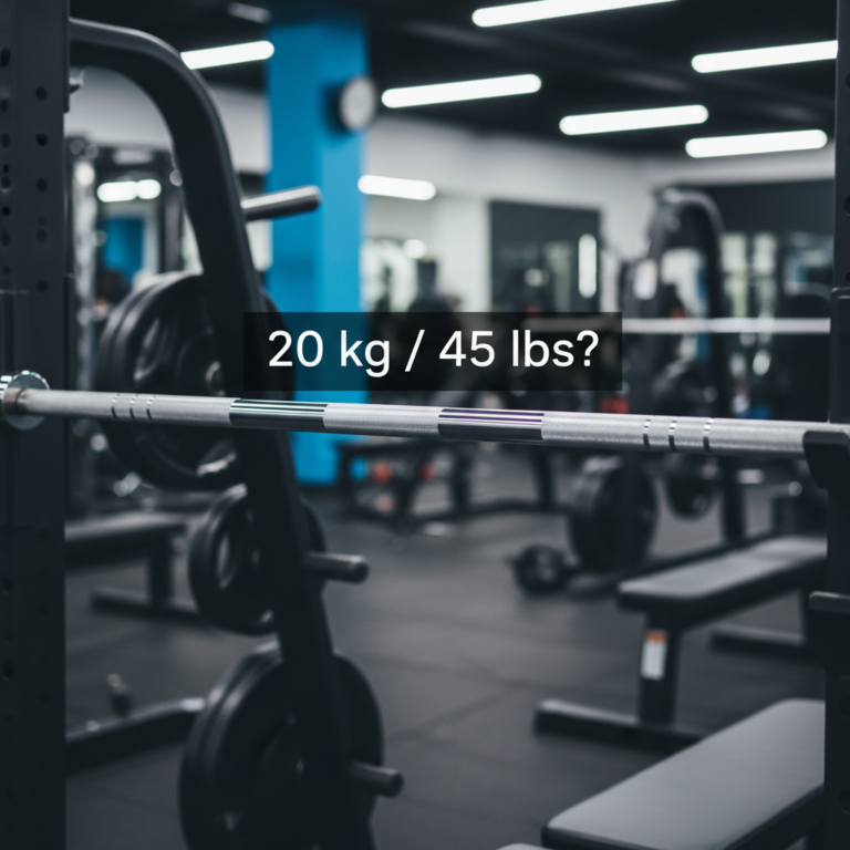 How much does the standard bench press bar weigh? 20 kg / 45 lbs shown on a gym rack.