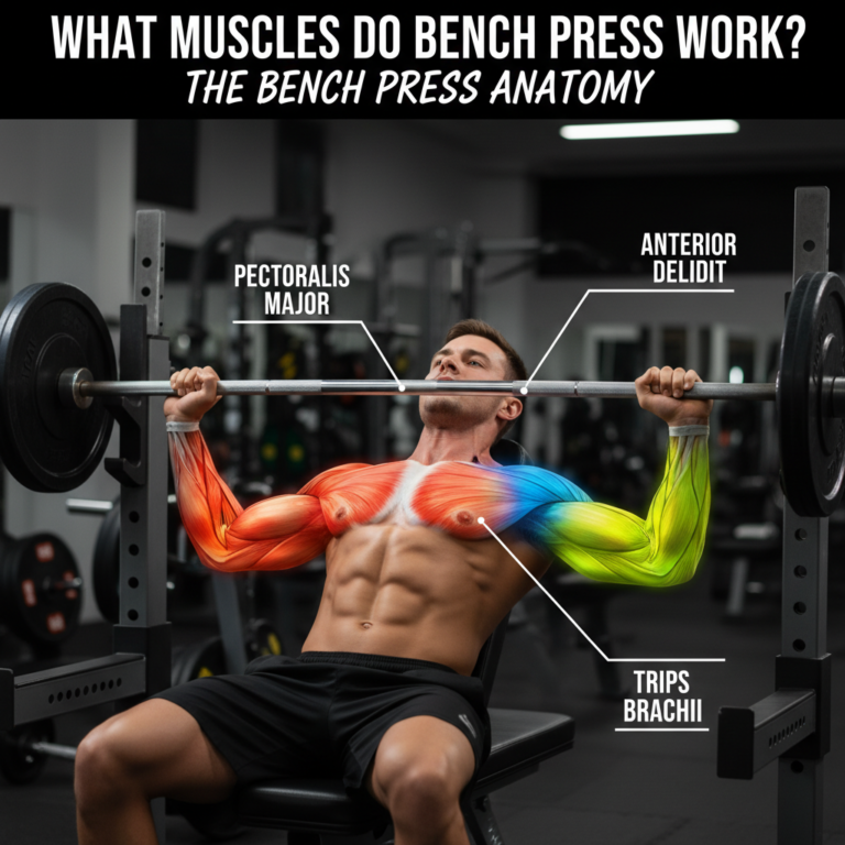 alt_text Athlete bench pressing with highlighted chest, shoulders, and triceps muscles in a gym setting.