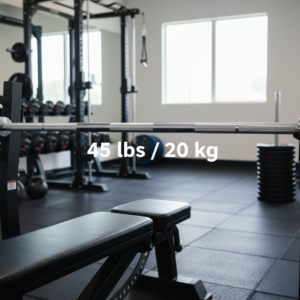 A standard Olympic bench press bar weighing 45 lbs/20 kg on a gym bench in a modern gym.