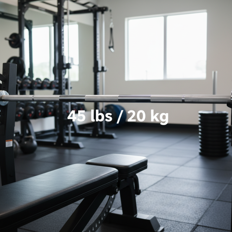 A standard Olympic bench press bar weighing 45 lbs/20 kg on a gym bench in a modern gym.