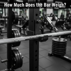 Olympic barbell on bench press rack shows weight markings; focus on bar’s weight and gym equipment.
