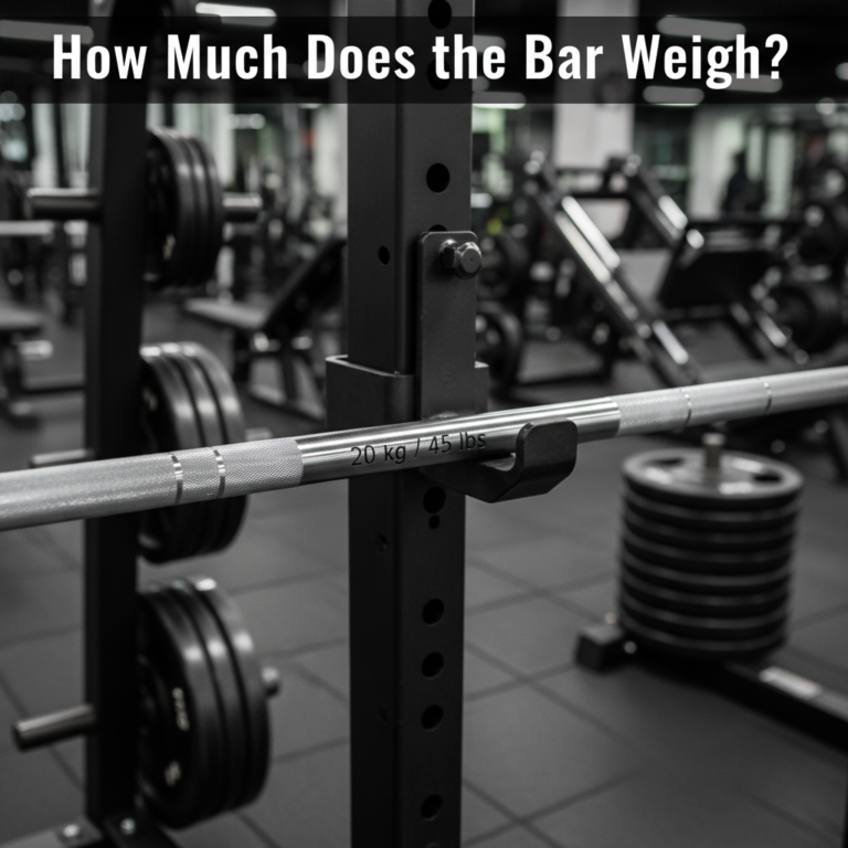 Olympic barbell on bench press rack shows weight markings; focus on bar’s weight and gym equipment.