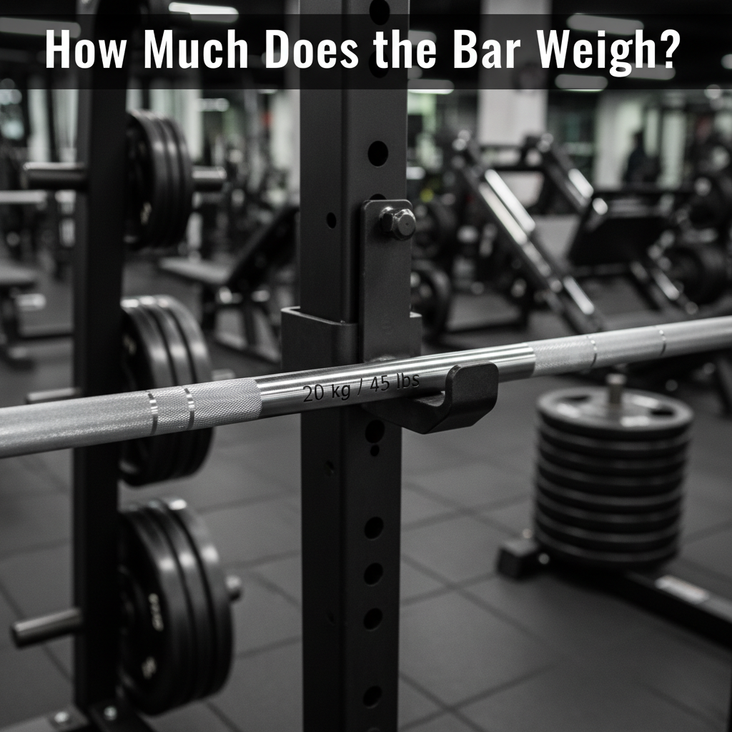 Olympic barbell on bench press rack shows weight markings; focus on bar’s weight and gym equipment.