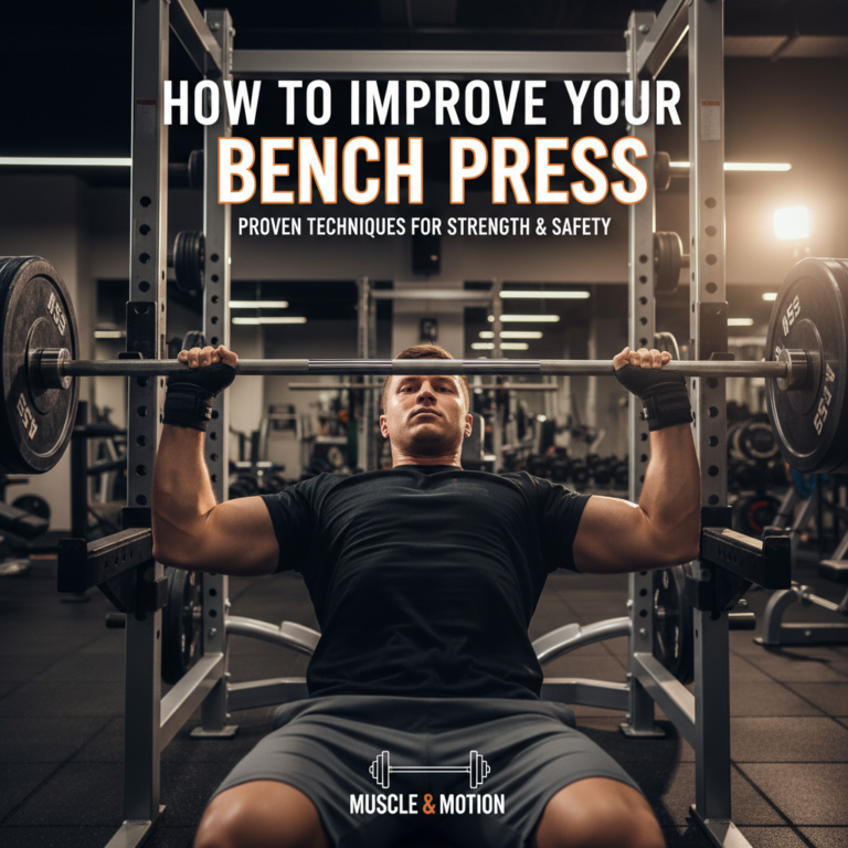 Fit person prepping for bench press in modern gym; bold cover text on strength and safe technique.