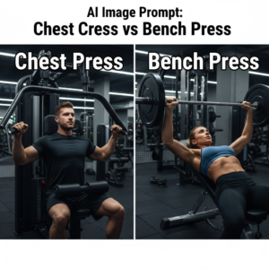 Chest Press vs Bench Press: Athletes demonstrate both exercises side by side in a dynamic gym setting.