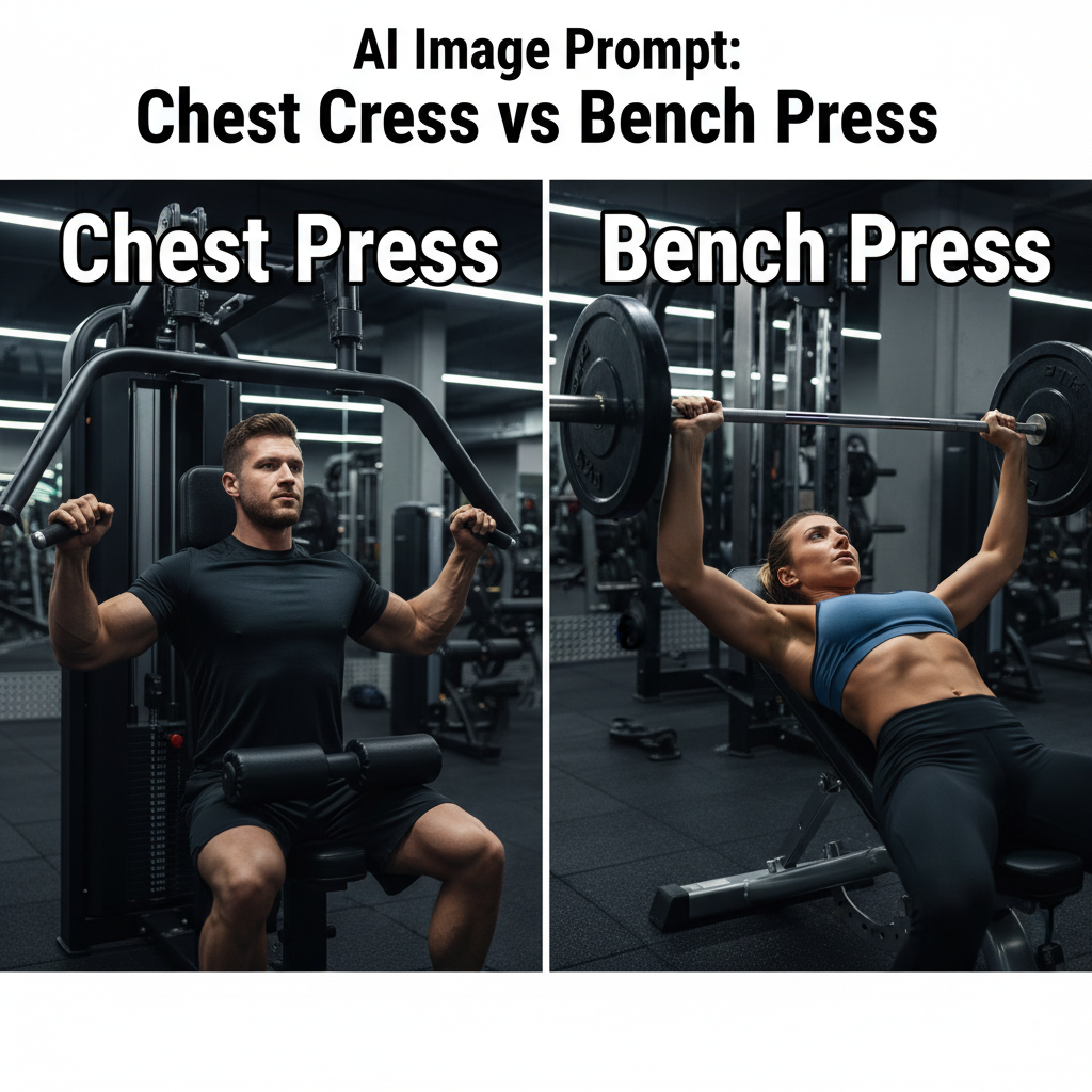 Chest Press vs Bench Press: Athletes demonstrate both exercises side by side in a dynamic gym setting.