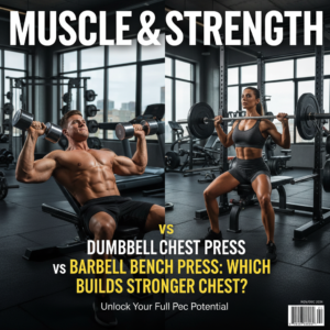 Dumbbell vs Barbell Bench Press: Two athletes compare chest strength in a modern gym magazine cover.