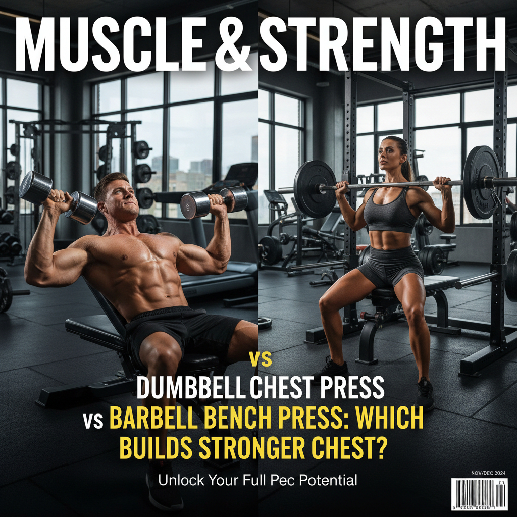 Dumbbell vs Barbell Bench Press: Two athletes compare chest strength in a modern gym magazine cover.