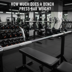 A shiny Olympic bench press bar on a gym bench asks: How Much Does a Bench Press Bar Weigh?