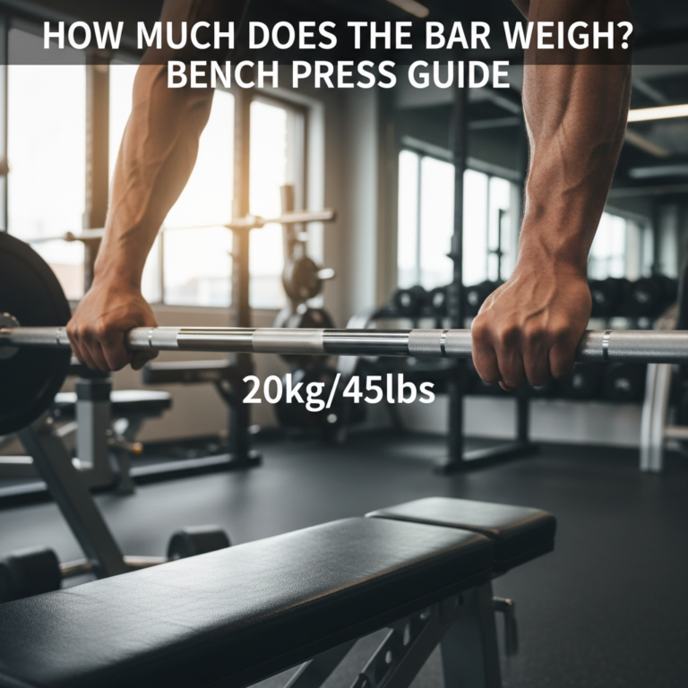 Muscular hands grip an empty barbell labeled 20kg/45lbs on a gym bench, ready for a bench press.