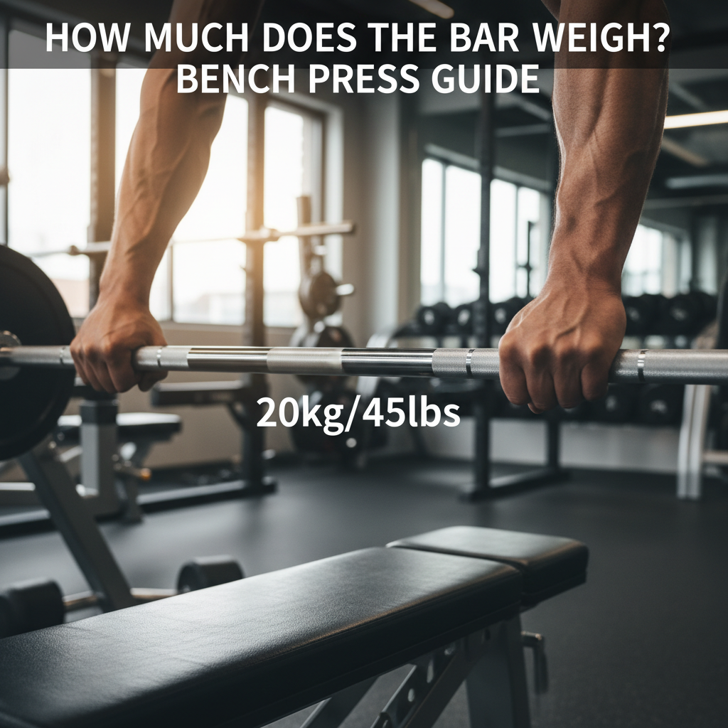Muscular hands grip an empty barbell labeled 20kg/45lbs on a gym bench, ready for a bench press.