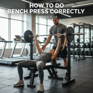 alt_text A fit person demonstrates proper bench press form in a bright gym, with spotter and guide title visible.
