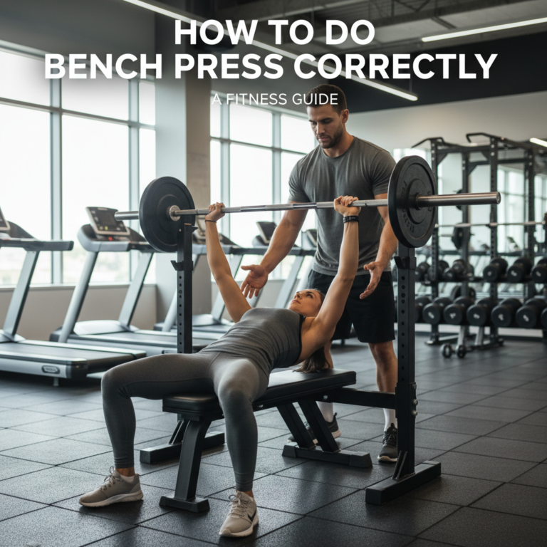 alt_text A fit person demonstrates proper bench press form in a bright gym, with spotter and guide title visible.