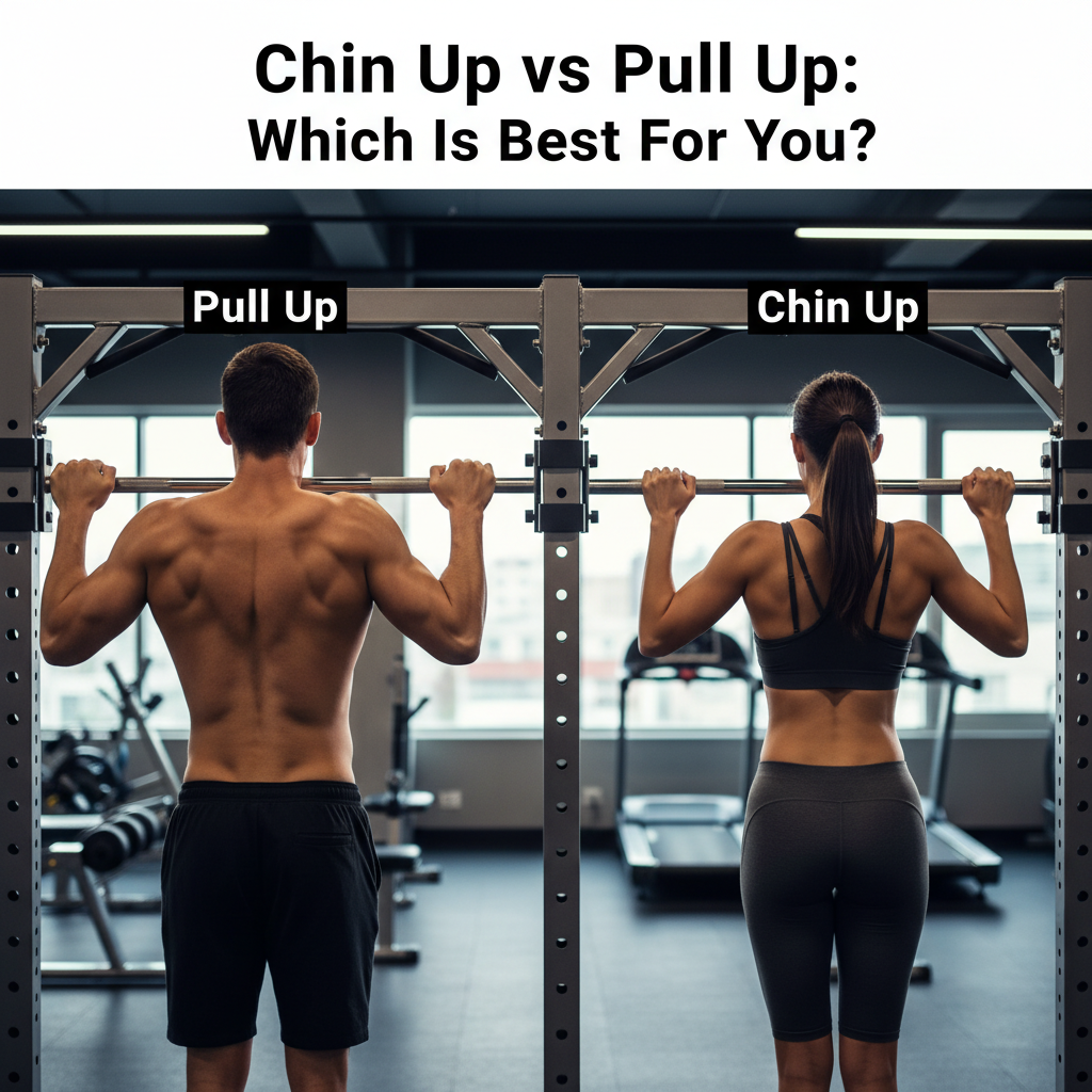 Chin Up vs Pull Up: Two athletes demonstrate each exercise, highlighting grip, muscles, and technique.