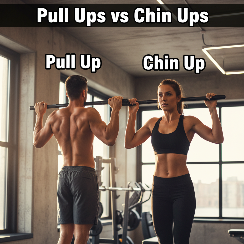 Two athletes side by side show proper pull-up and chin-up techniques in a vibrant, modern gym.