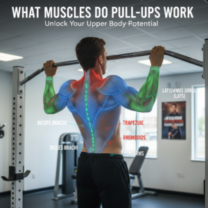 Person doing pull-up with highlighted muscles: lats, biceps, traps, rhomboids, and forearms shown.
