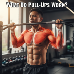 What Do Pull-Ups Work? Highlighted muscles show areas activated during pull-ups in a gym setting.