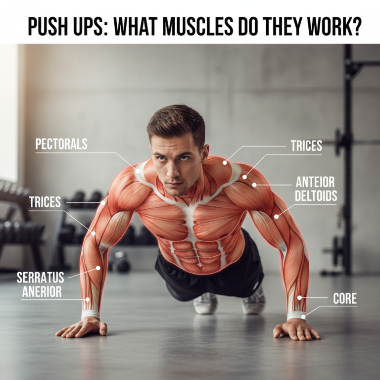 Push Ups: What Muscles Do They Work? Main muscles activated during pushups, labeled and highlighted.