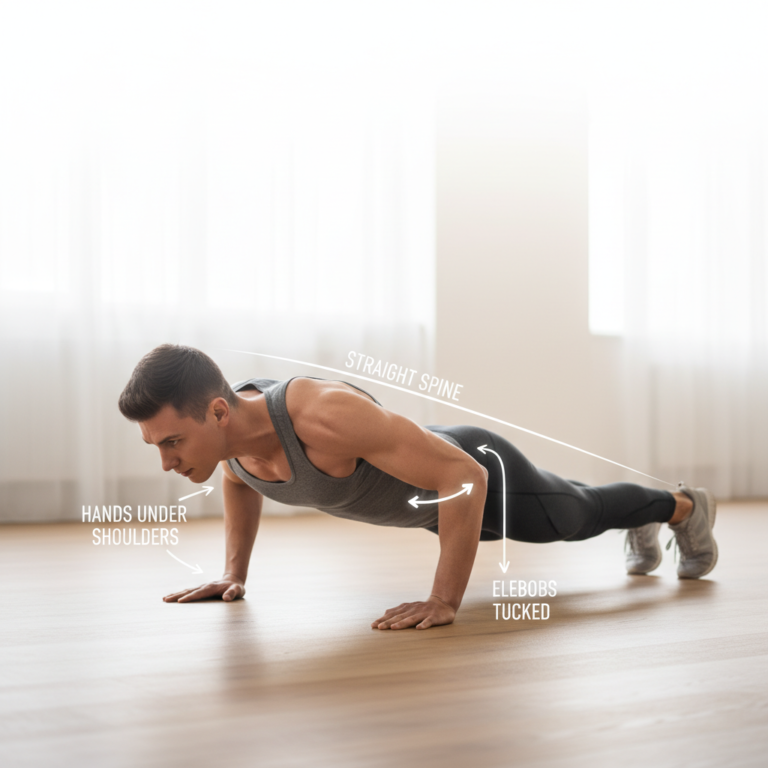 A fit person demonstrates a perfect push-up with guidance lines showing correct form on a clean floor.