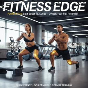 Two athletes demonstrate split squat and lunge, with glowing highlights on muscles worked in each exercise.