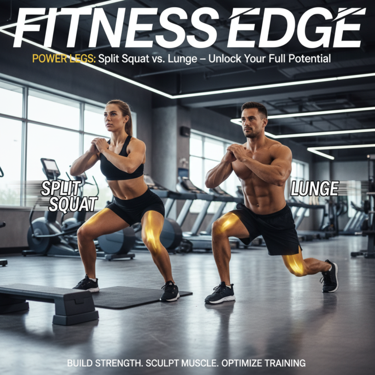 Two athletes demonstrate split squat and lunge, with glowing highlights on muscles worked in each exercise.