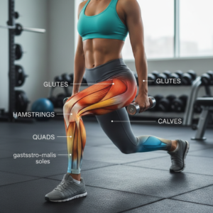 alt_text Fit person doing reverse lunges with highlighted glutes, hamstrings, quads, and calves in a gym.