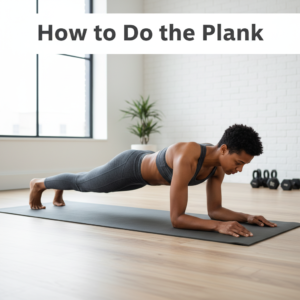 A fit person shows perfect plank form on a yoga mat indoors, with the guide title at the top.