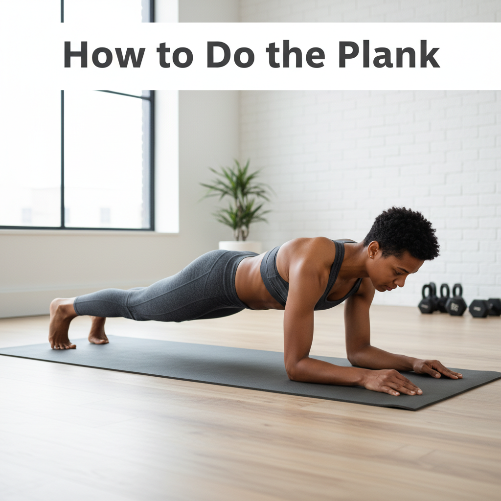 A fit person shows perfect plank form on a yoga mat indoors, with the guide title at the top.