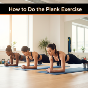 alt_text Adults holding proper plank form on mats in a bright gym; bold text: "How to Do the Plank Exercise"