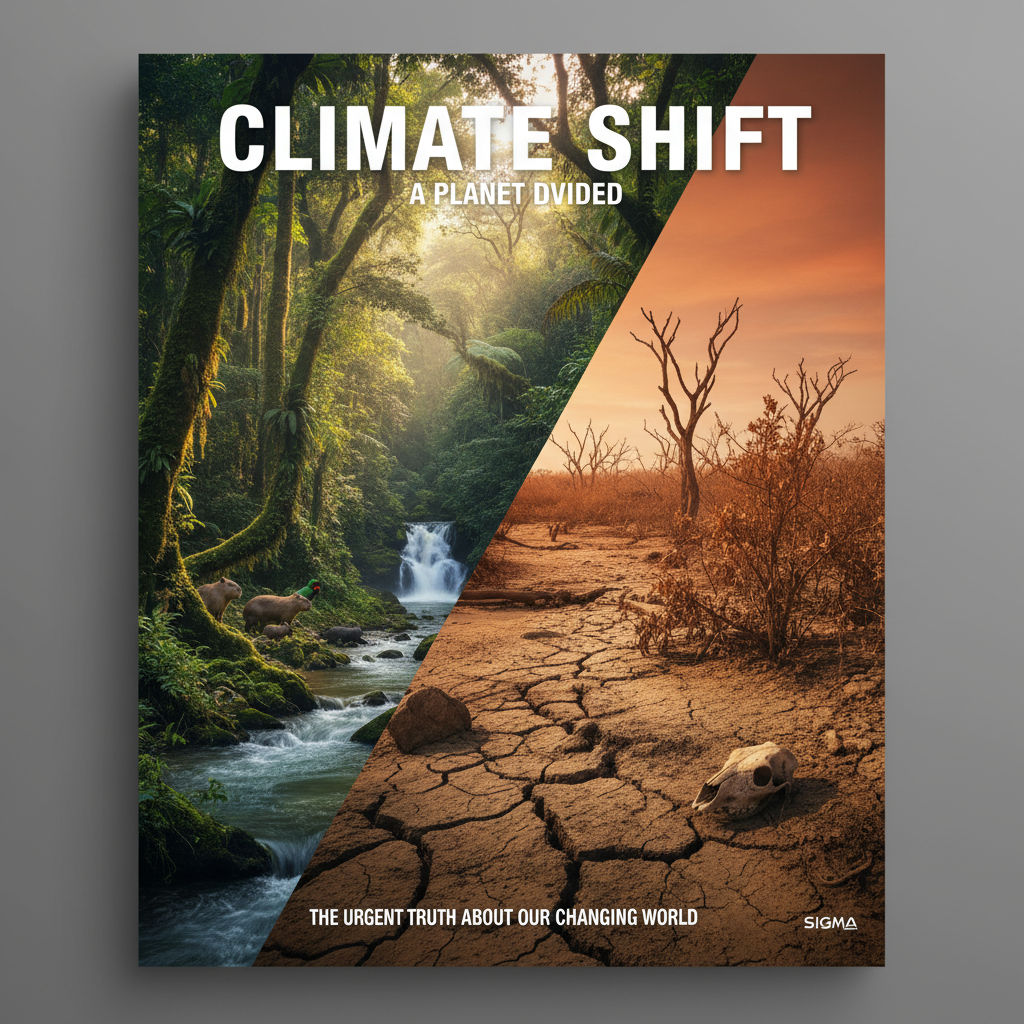 A dramatic cover split between thriving nature and drought, illustrating the effects of climate change.
