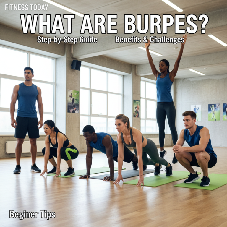 What Are Burpees? Diverse athletes show each exercise stage in a vibrant gym magazine cover scene.