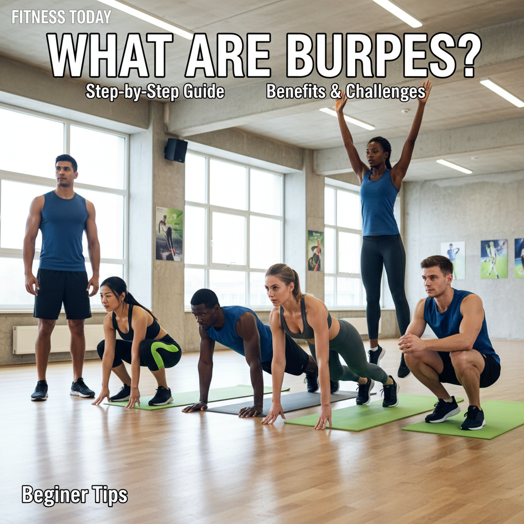 What Are Burpees? Diverse athletes show each exercise stage in a vibrant gym magazine cover scene.