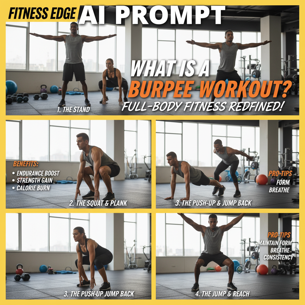 Athletes perform all stages of a burpee in a gym, showing form and benefits on a dynamic magazine cover.