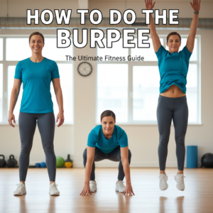 A fit person shows three burpee steps in a bright gym, with bold "How to Do the Burpee" title.