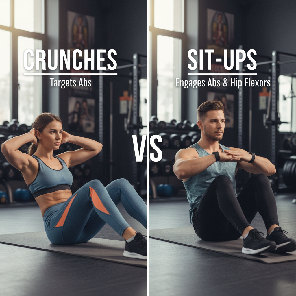 Crunches vs Sit Ups: Side-by-side comparison of proper form in a motivating workout setting.