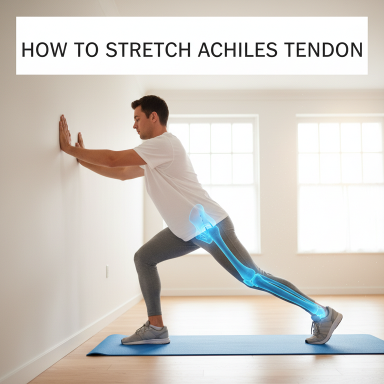 Athletic person stretching Achilles tendon on yoga mat, highlighting proper form and tendon anatomy.