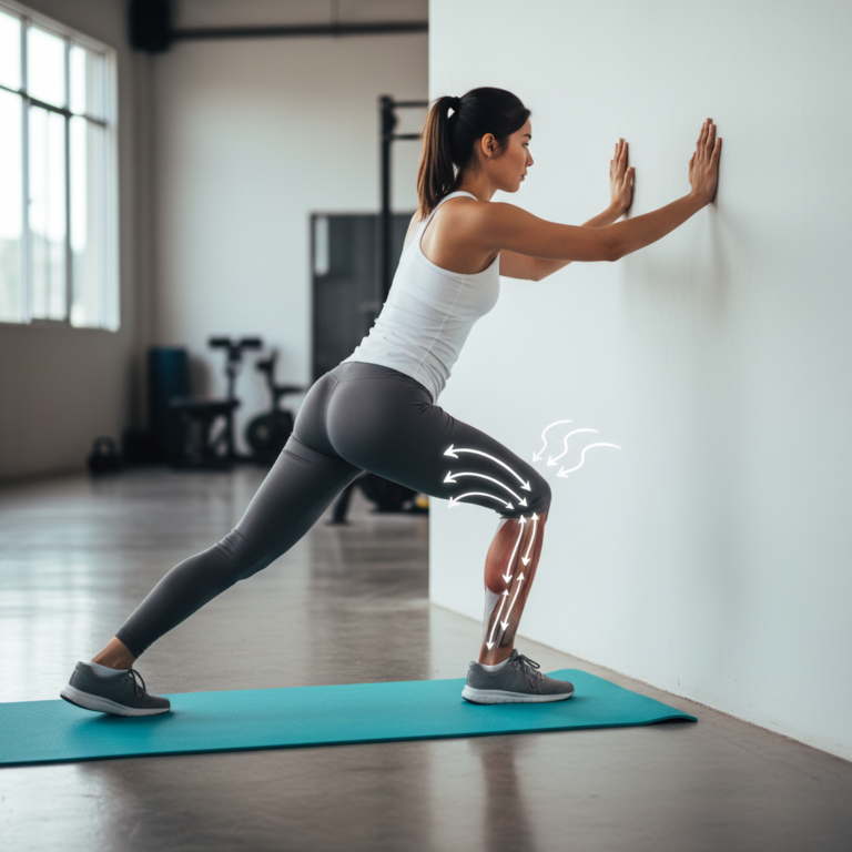 Athletic person stretching calf muscles on a yoga mat with graphic arrows highlighting the lower leg.