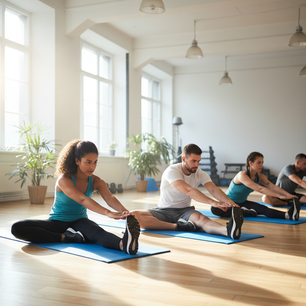 alt_text Athletic adults stretching hamstrings on mats in a bright gym, demonstrating proper form and technique.